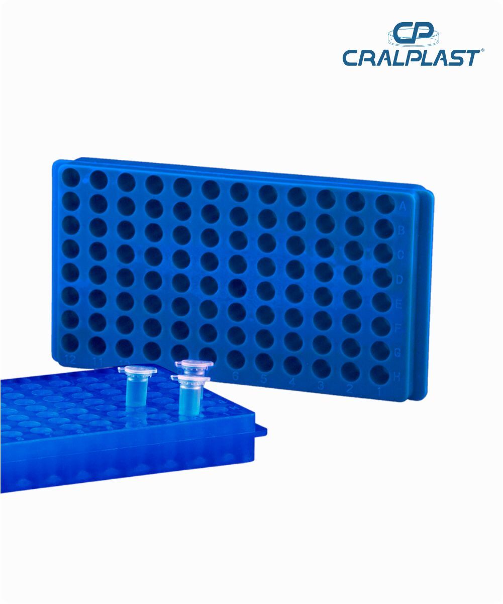 Estante dupla face azul para 96 microtubos de 0,5mL - 1,5L - 2mL