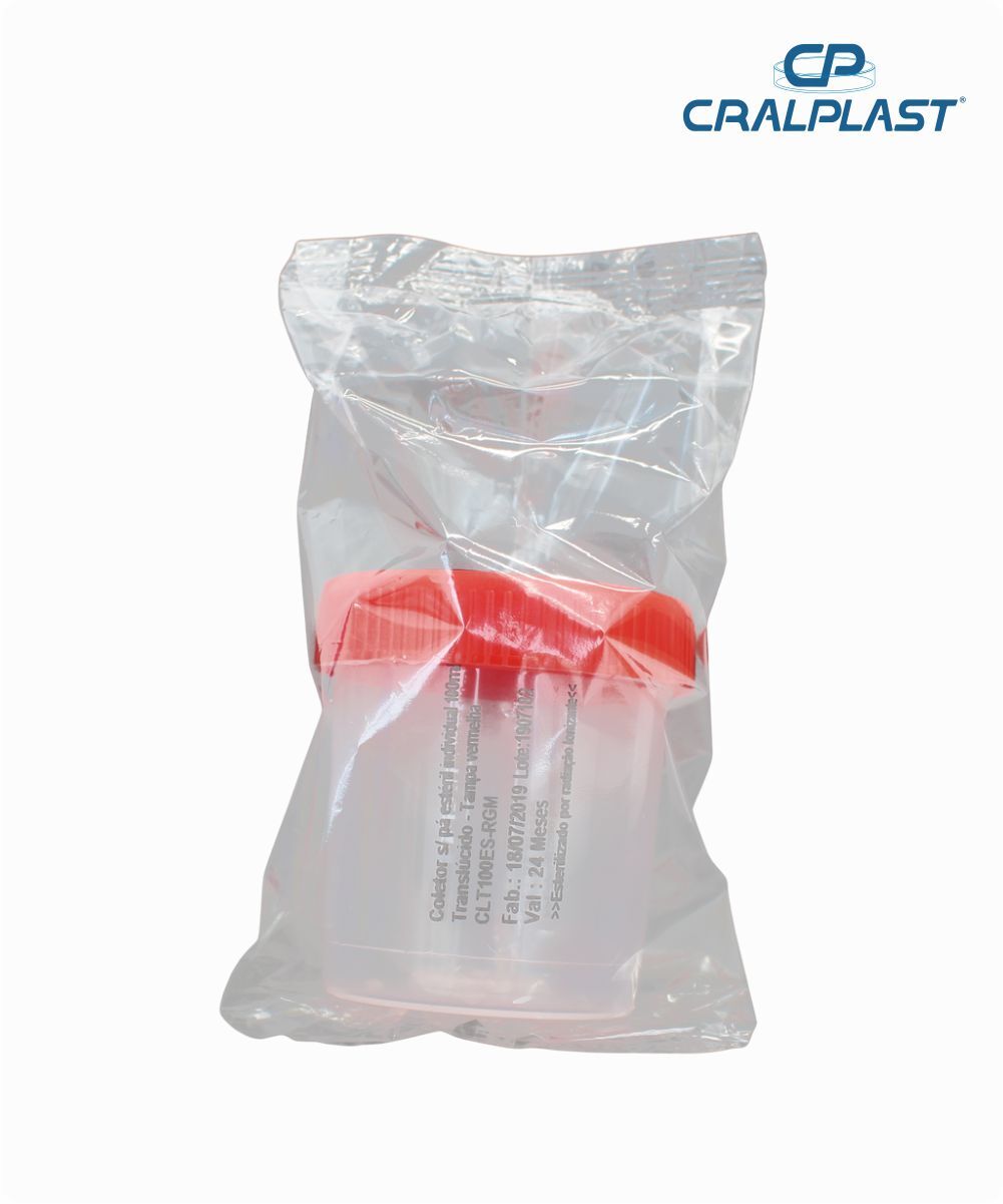 Coletor de urina 100mL sem pá estéril individual  tampa vermelha