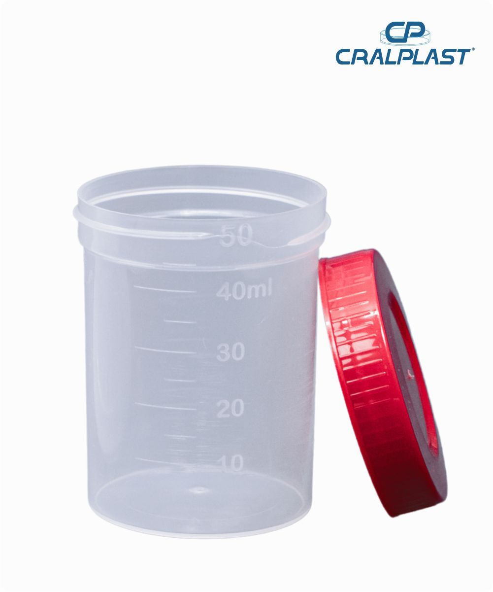 Coletor de urina 50mL sem pá estéril individual  tampa vermelha