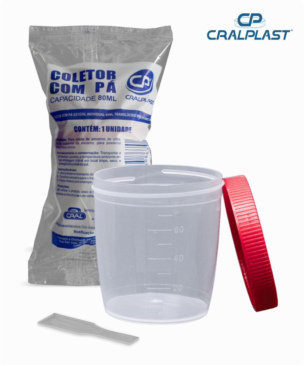 Coletor de urina 80mL com pá estéril individual  tampa vermelha