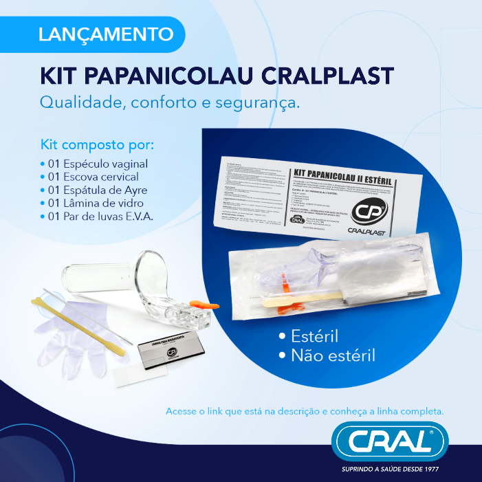 Kit Papanicolau II – CRALPLAST Finalidade: O KIT PAPANICOLAU II é utilizado para a realização de procedimentos ginecológicos e na coleta de material para colpocitologia oncótica (teste de Papanicolau). Reúne de maneira simples e eficaz os materiais em embalagem única, para possibilitar uma coleta segura, facilitando a rotina dos profissionais da área de saúde. Kit composto por: – 01 Escova cervical. – 01 Espátula de Ayre de madeira. – 01 Espéculo vaginal. – 01 Par de luva: EVA (etilvinilacetato). – 01 Porta-lâmina: Caixinha de cartolina . – 01 Lâmina: vidro.